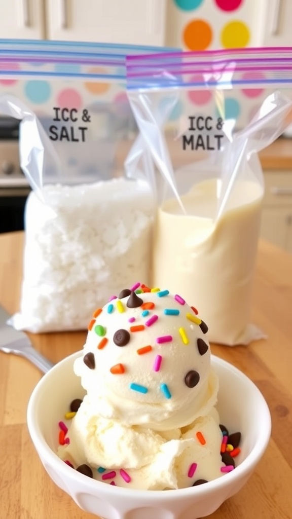 Homemade ice cream in a bag with colorful toppings, ready to be served.